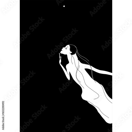 Flying girl dreaming about lonely star. Creative fine art. Fantastic character. Black and white silhouette.