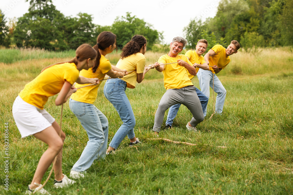 Fototapeta premium Team building. Group of happy people playing tug of war with rope outdoors
