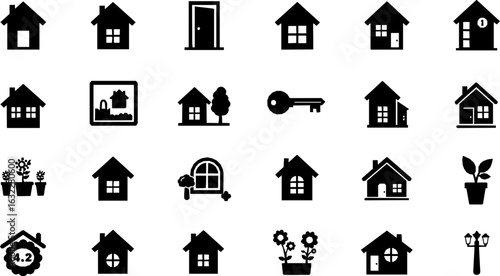 Flat style house symbols for apps and websites on a white background, including a home icon collection and real estate house icons set, available as a vector