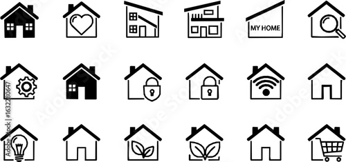 Flat style house symbols for apps and websites on a white background, including a home icon collection and real estate house icons set, available as a vector