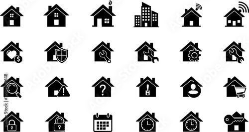 Flat style house symbols for apps and websites on a white background, including a home icon collection and real estate house icons set, available as a vector