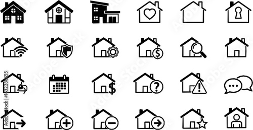 Flat style house symbols for apps and websites on a white background, including a home icon collection and real estate house icons set, available as a vector