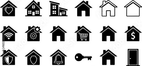 Flat style house symbols for apps and websites on a white background, including a home icon collection and real estate house icons set, available as a vector