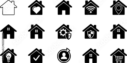 Flat style house symbols for apps and websites on a white background, including a home icon collection and real estate house icons set, available as a vector