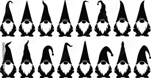 Gnome silhouette icons, whimsical hat pack, black mythical figures, beard character vector, garden dwarf graphics, seasonal decoration setGnome silhouette icons, whimsical hat pack, black mythical fig