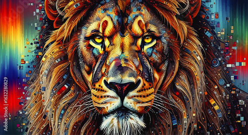 Vibrant, colorful portrait of a lion's head, with abstract background.