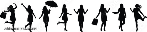 Fashion silhouettes, stylish women, diverse poses, walking gesture, shopping scene, umbrella action, casual elegance, feminine movement, urban lifestyle, graceful stance, high heels fashion, trendy fi