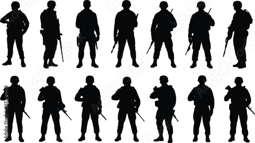 Soldier silhouettes, military gear, rifles, combat poses, army personnel, tactical formation, black vector, defense, warfare, helmet, backpack