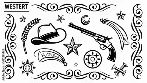 Western theme svg vector design with cowboy hat gun stars and decorative elements for graphic design projects