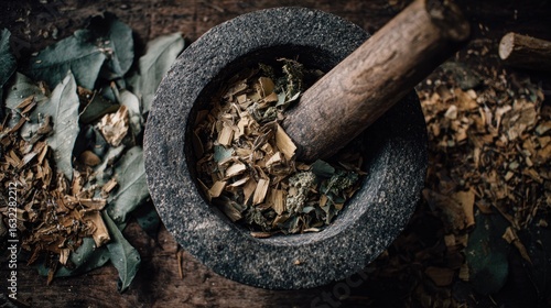 Dried herbs in a stone mortar and pestle