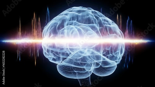 Transparent Brain Illuminated With Energy Waves Against Black Background