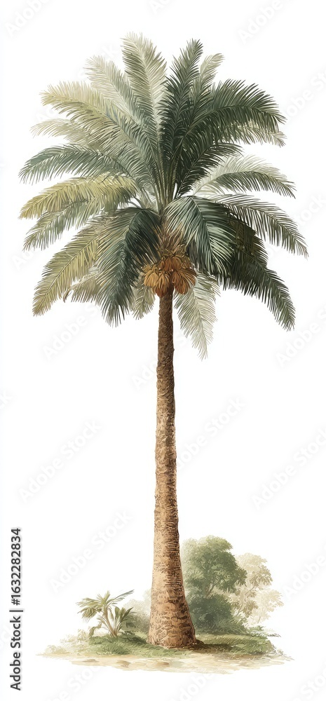 Fototapeta premium Tall palm tree illustration. Detailed watercolor style depiction of a tall palm tree with light green and tan colored fronds. 