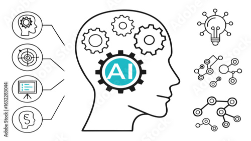 Ai artificial intelligence machine learning deep learning concept with gears and human head silhouette design