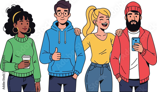 Group of diverse young adults standing together smiling in a cartoon style illustration on white
