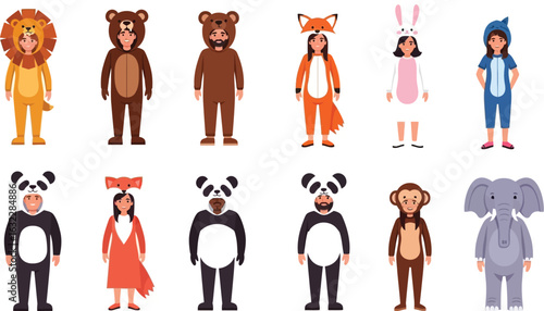 Illustration of people wearing animal costumes including lion bear fox panda monkey and elephant