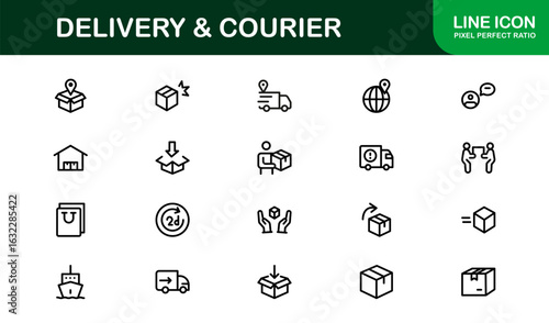 Delivery and Courier Line Icon Collection – Unique, clean, and creative icons illustrating transportation, package handling, and courier solutions
