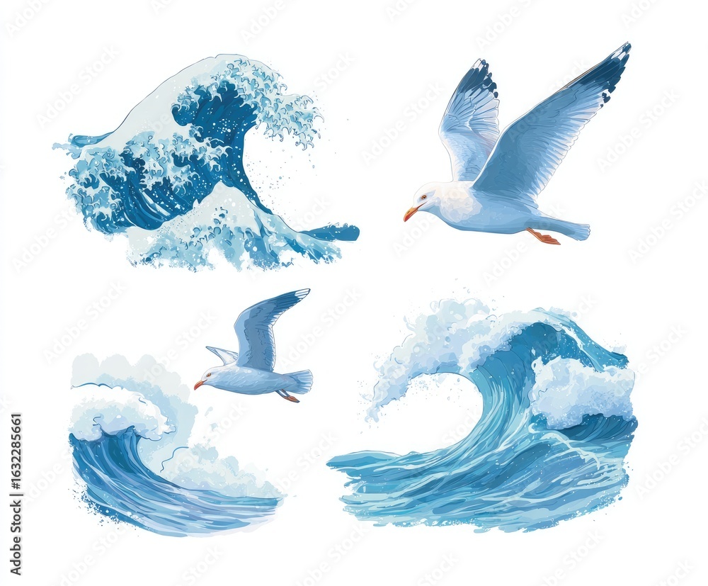 Fototapeta premium Four illustrations of ocean waves and seagulls