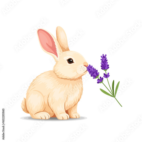 Adorable cream-colored bunny rabbit delicately sniffing a sprig of vibrant purple lavender flowers.