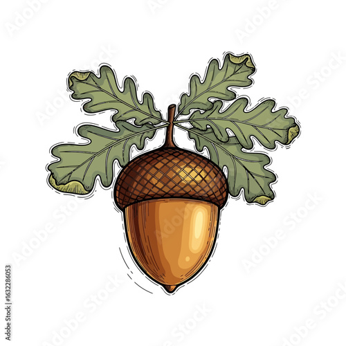 Illustration of a brown acorn with a textured cap, attached to a twig with several green oak leaves.