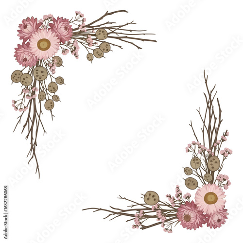 Elegant corner border with rustic bouquets of dried pink strawflowers, bare twigs, and seed pods.