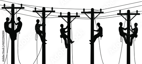 Silhouette of multiple electrical linemen working on utility poles, power line repair, safety harnesses, electric workers, black and white art