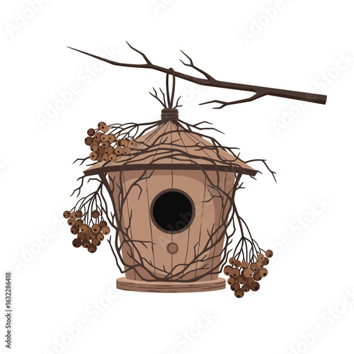 A rustic wooden birdhouse, adorned with intertwined branches and clusters of berries, hangs suspended from a bare tree limb against a white background.