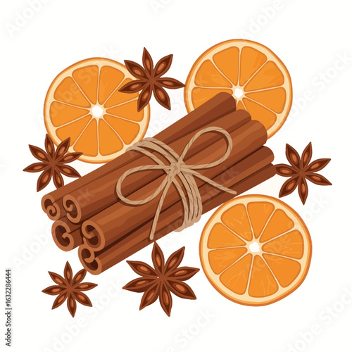 A bundle of cinnamon sticks tied with twine, surrounded by fresh orange slices and star anise spices.