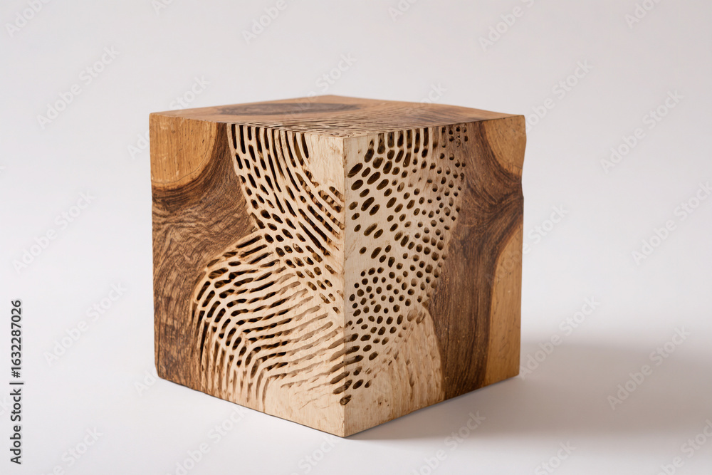 Photorealistic view of a recycled wood plant stand with etched wave motifs Photorealistic view of a recycled wood plant stand with etched wave motifs