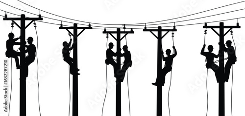 Silhouette of electrical linemen working on utility poles, power line maintenance, safety gear, energy workers, black and white illustration