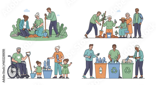 Diverse People Participating in Environmental Activities tree Planting and Recycling Illustration