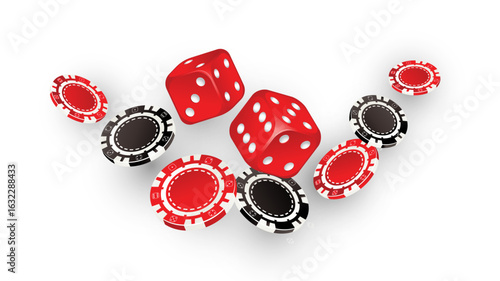 Falling aces and casino chips on white background. Playing cards, red and black money chips. Gambling Poker and card games.