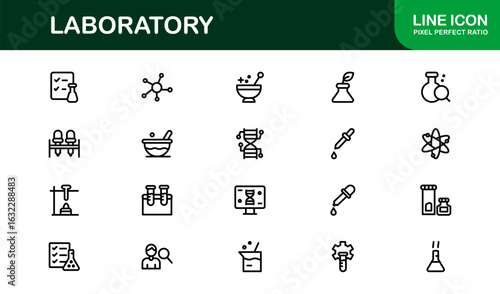 Laboratory Line Icon Collection – Unique, clean, and creative vector icons representing lab tools, chemistry, biology, and scientific innovation