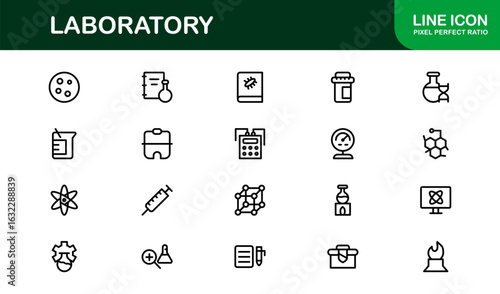 Laboratory Line Icon Collection – Unique, clean, and creative vector icons representing lab tools, chemistry, biology, and scientific innovation