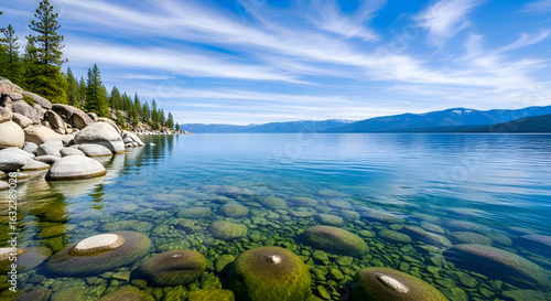 Freshwater lake with underwater boulders, rocky coast, pine forest and distant mountain range under a blue sky with streaky clouds