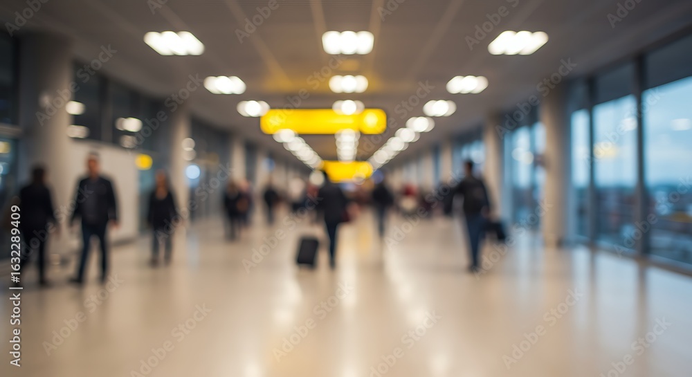 Blurry image of people walking in a modern airport terminal concourse with large windows and illuminated signs Blurry image of people walking in a modern airport terminal concourse with large windows and illuminated signs