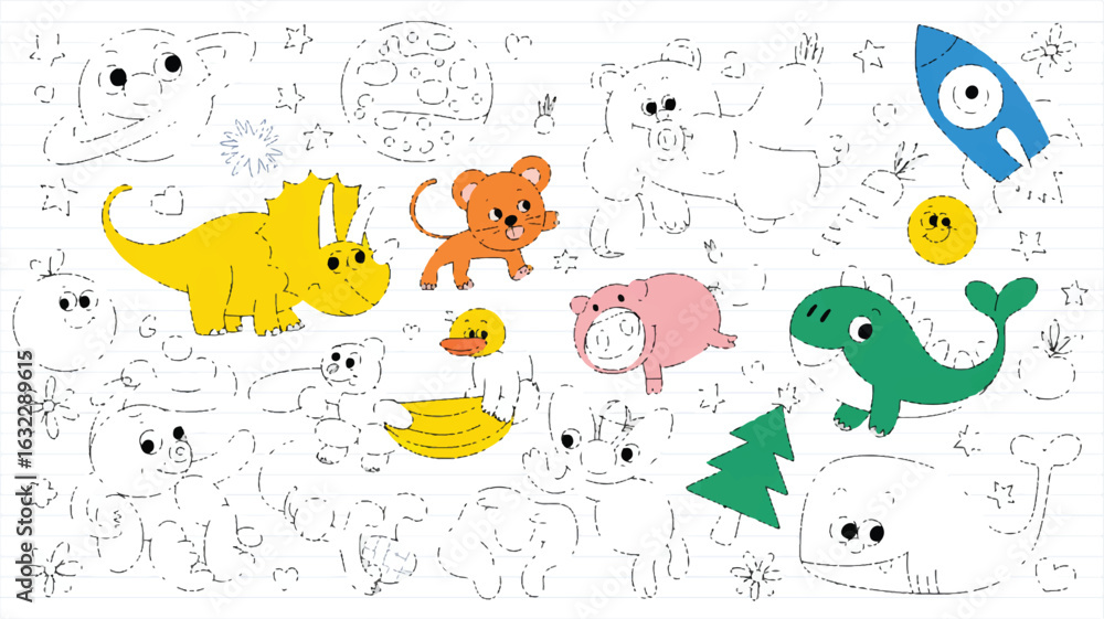 Obraz premium Colorful Cartoon Animals and Objects on Lined Paper