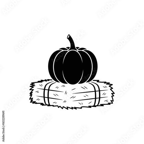 A simple black and white illustration of a pumpkin sitting atop a hay bale in a graphic style