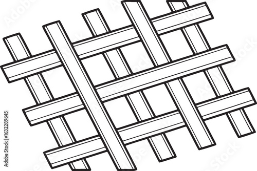 Black and white line art of a woven grid pattern with thick intersecting bands texture interlaced