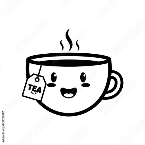 A cartoon teacup with a smiling face and a tea bag label isolated on a white plain background