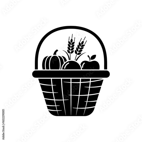 A black silhouette of a basket filled with pumpkin apple wheat and other harvest season produce
