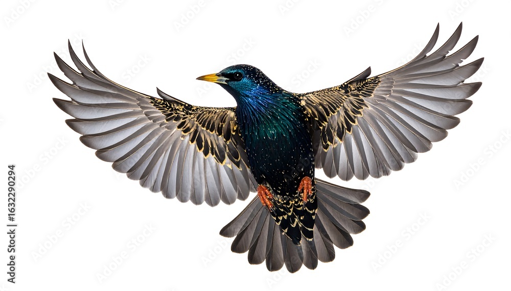Fototapeta premium Isolated starling in flight showcases iridescent plumage and outstretched wings against white