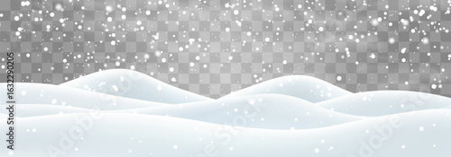 Snow flakes, snow and blizzard falling on snowdrifts. Snow landscape decoration, frozen hills isolated on png background. Vector heavy snowfall with snowbanks field. Christmas vector illustration