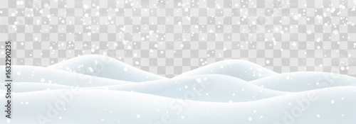 Snow flakes, snow and blizzard falling on snowdrifts. Snow landscape decoration, frozen hills isolated on png background. Vector heavy snowfall with snowbanks field. Christmas vector illustration