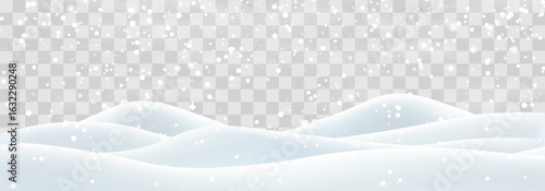 Snow flakes, snow and blizzard falling on snowdrifts. Snow landscape decoration, frozen hills isolated on png background. Vector heavy snowfall with snowbanks field. Christmas vector illustration