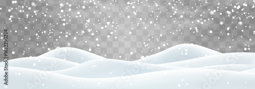 Snow flakes, snow and blizzard falling on snowdrifts. Snow landscape decoration, frozen hills isolated on png background. Vector heavy snowfall with snowbanks field. Christmas vector illustration