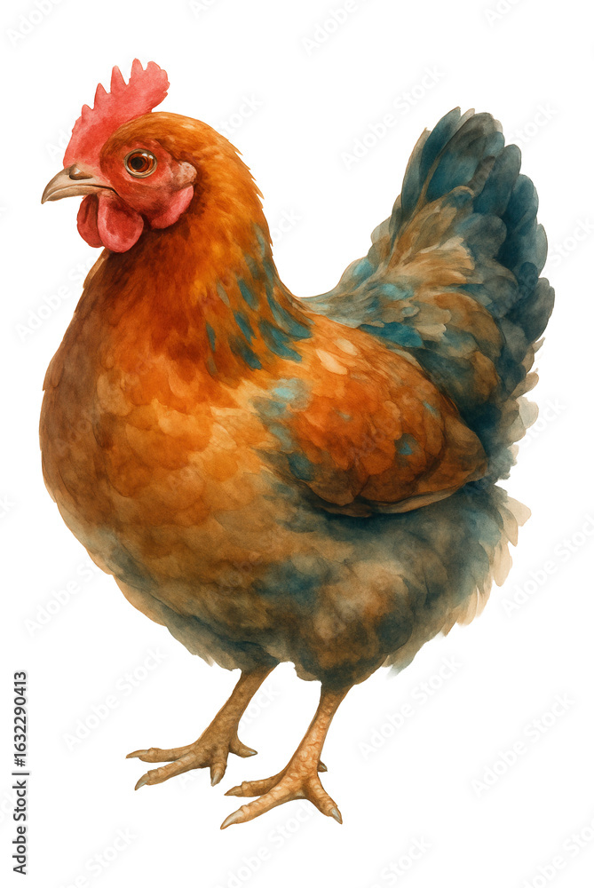 Fototapeta premium Detailed watercolor illustration of a colorful hen with vibrant plumage and prominent comb on transparent background.