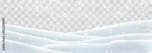 Snow flakes, snow and blizzard falling on snowdrifts. Snow landscape decoration, frozen hills isolated on png background. Vector heavy snowfall with snowbanks field. Christmas vector illustration