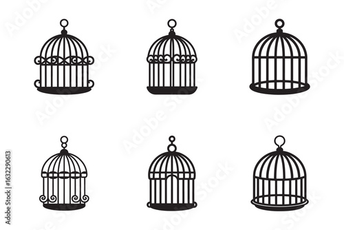 Collection of six different elegant black birdcage vector illustrations in a clean modern style for a design element