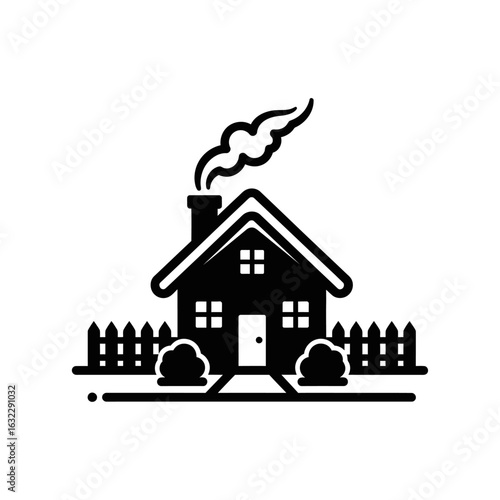 A black and white illustration of a house with smoke coming from the chimney and a picket fence
