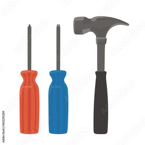 赤と青のドライバーと黒いハンマーのシンプルな工具イラストセット